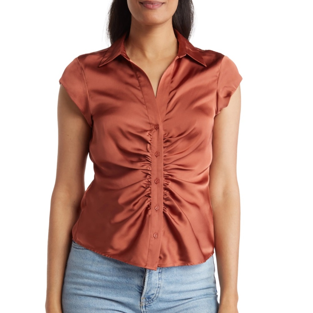 NEW DR2 by Daniel Rainn Ruched Satin Button-Front Cap Sleeve Blouse CINNAMON